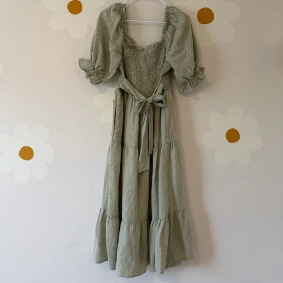 Bohme Green Gingham Smocked Puff Sleeve Midi Dress with Back Bow Cottagecore - Picture 6 of 11
